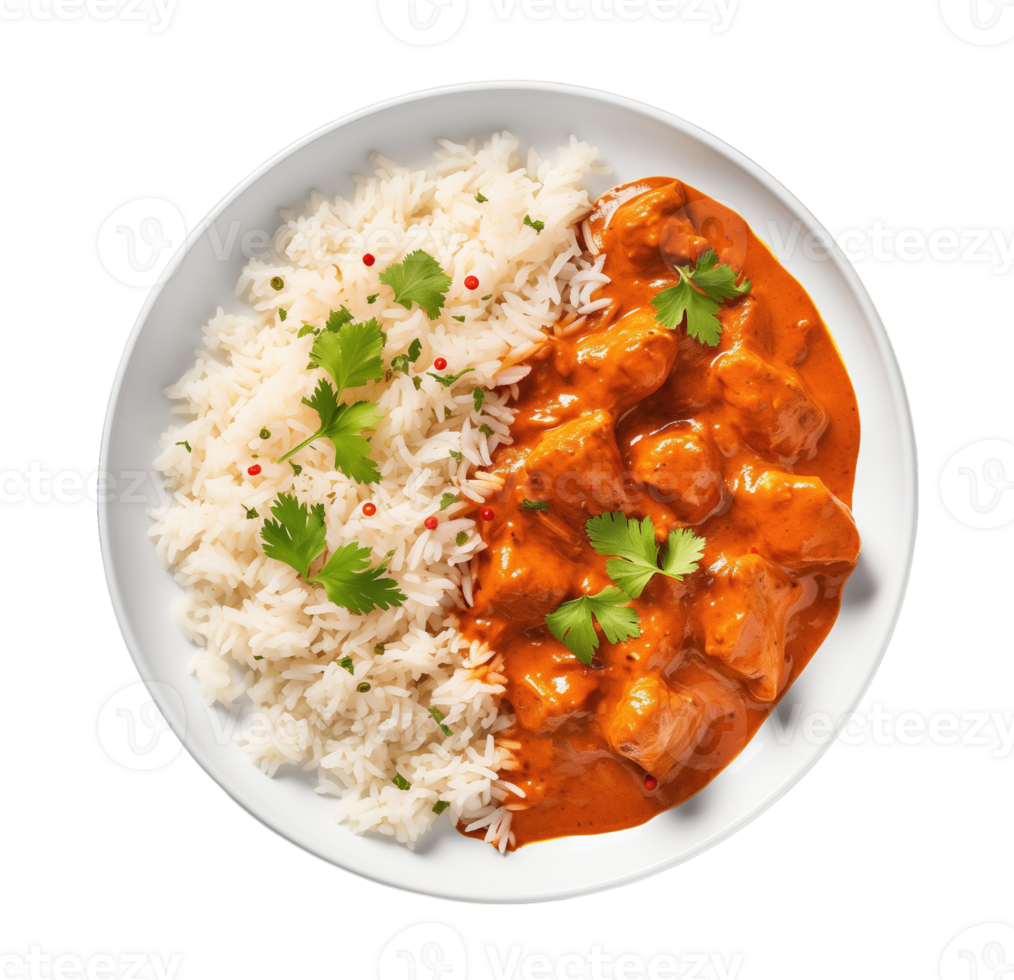 Spicy curry chicken tikka masala served with rice isolated on transparent background png