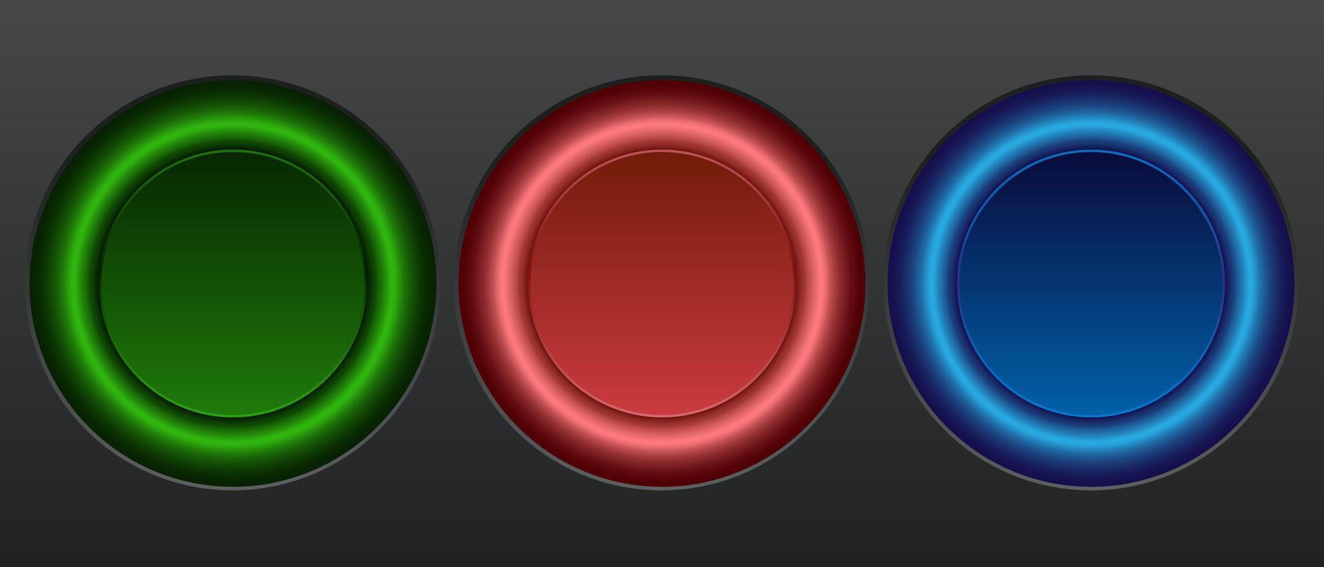Set of blue, red, green glowing neon light circles in round shape, technology concept. Can be used for badges, price tags, labels, frames vector