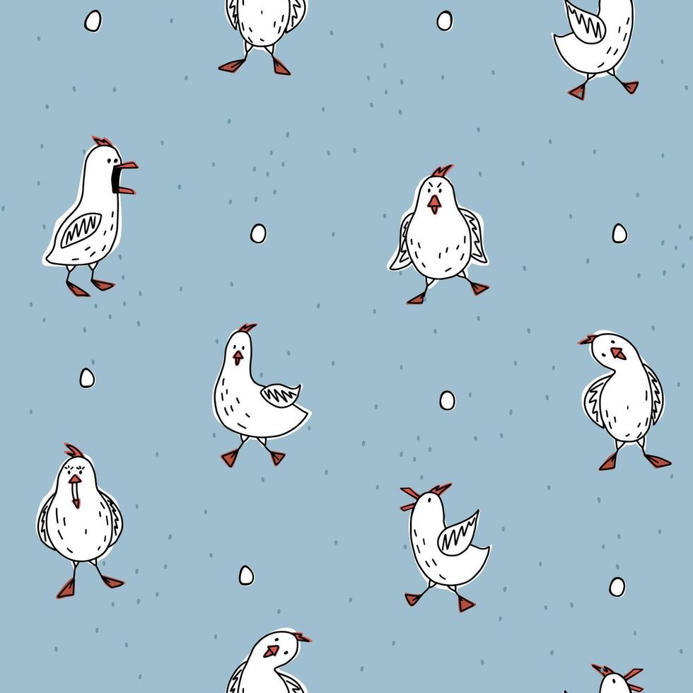 Cartoon hens and roosters characters for happy farm design. Funny chicken with eggs. vector