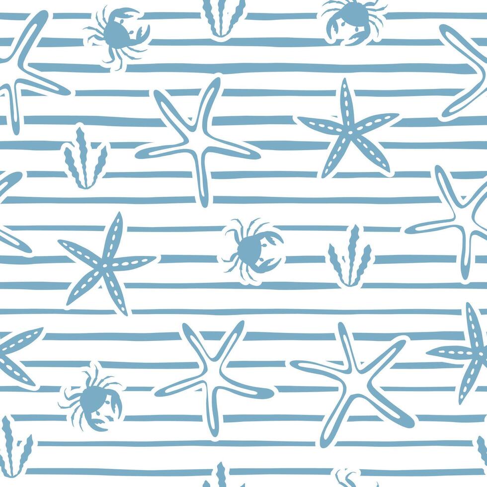 Abstract background. Blue and white color. Sea wallpaper. Striped seamless pattern with horizontal line starfish and crabs. vector