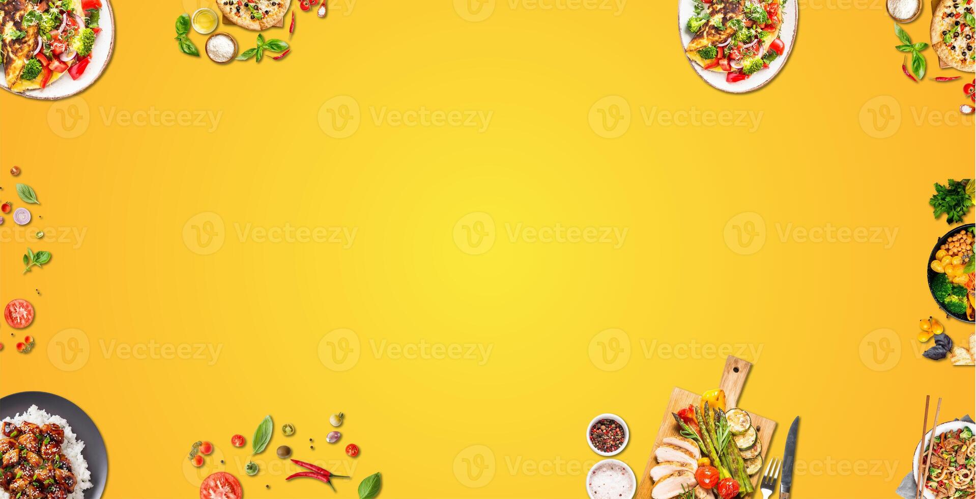 Mixed fruit and Vegetables with yellow background empty spaces photo