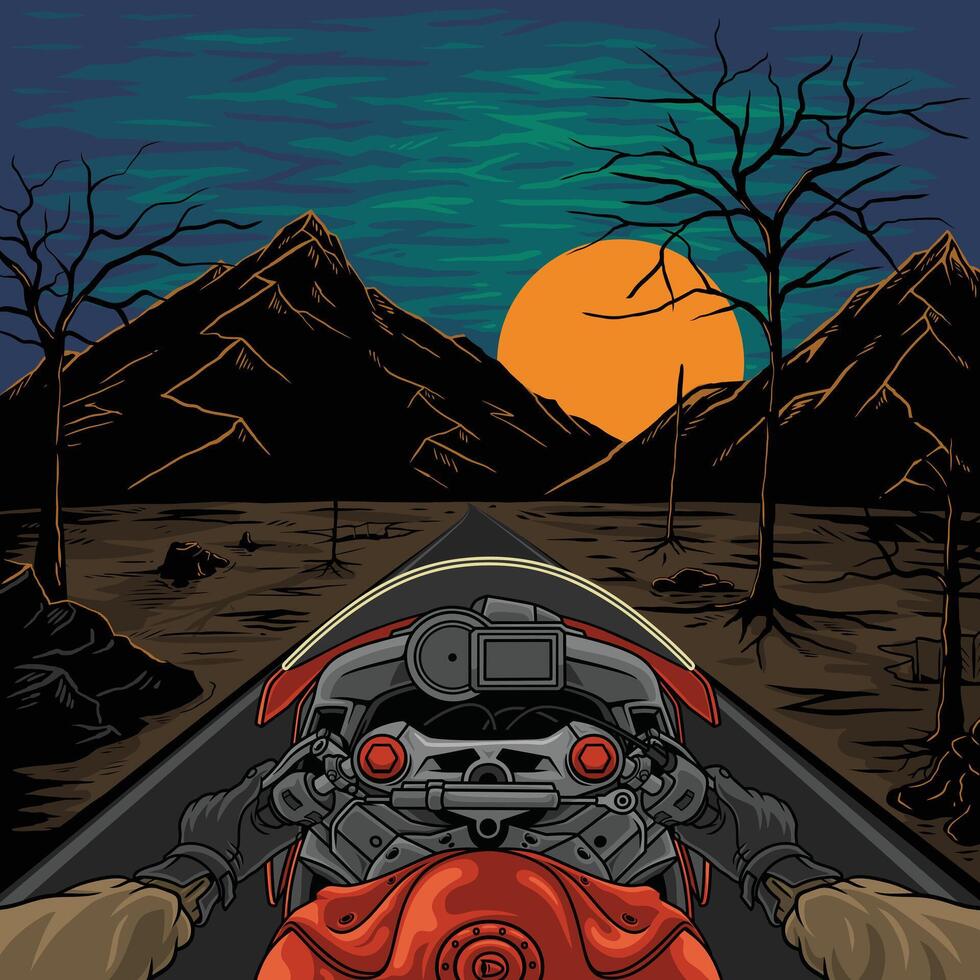 motorcyclist riding in the mountains vector