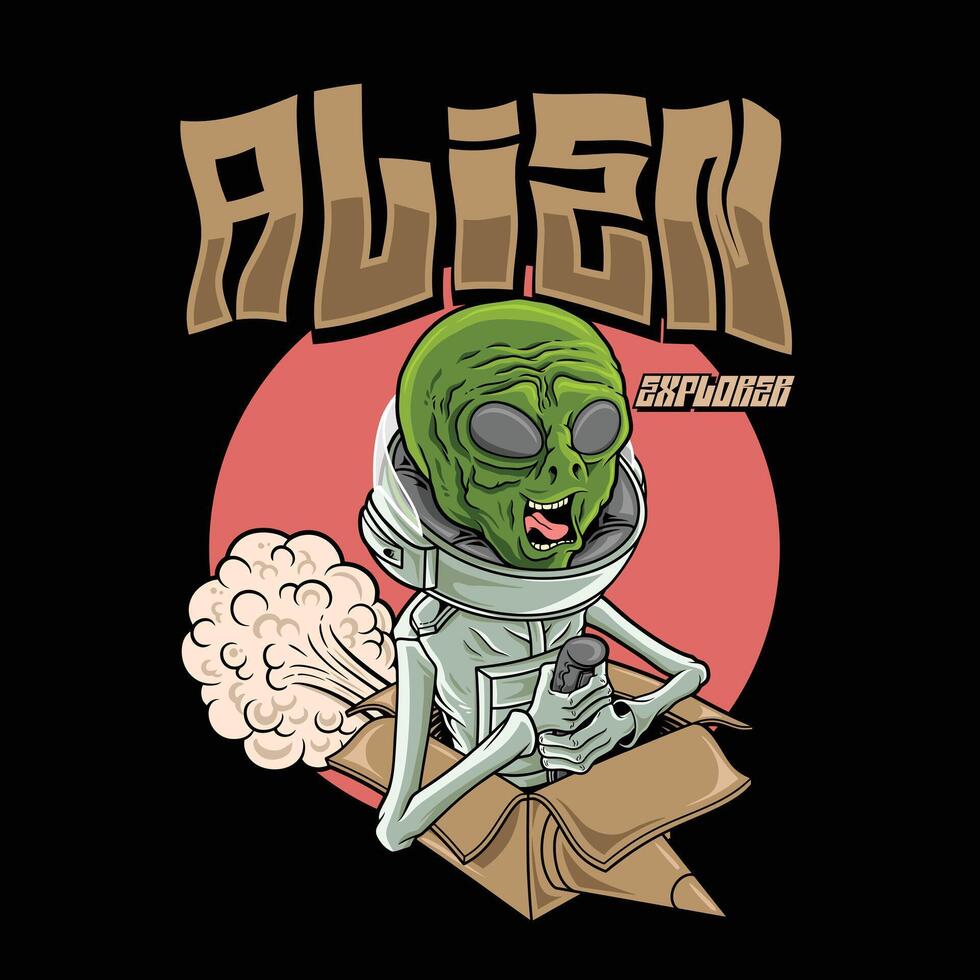 cute alien riding a rocket toy made of cardboard.aliens ride planes made of paper boxes vector
