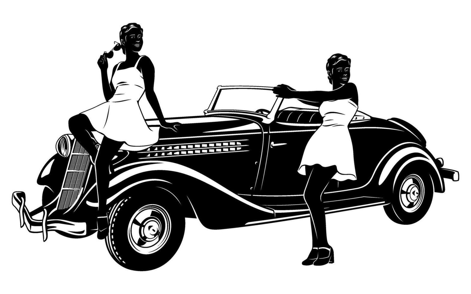 Pinup Girls and Vintage Car. Black and white illustration isolated on white. vector