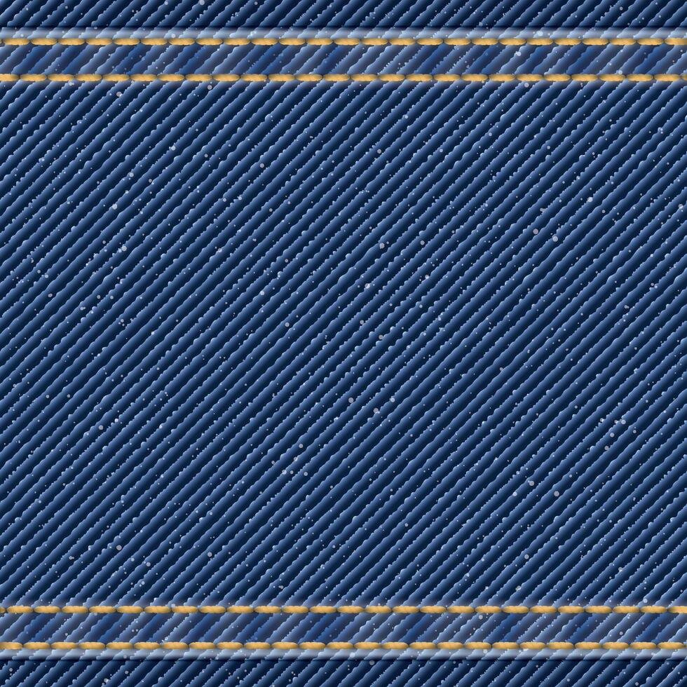 Denim blue jean textile pattern square background with gold seams and crease illustration. vector