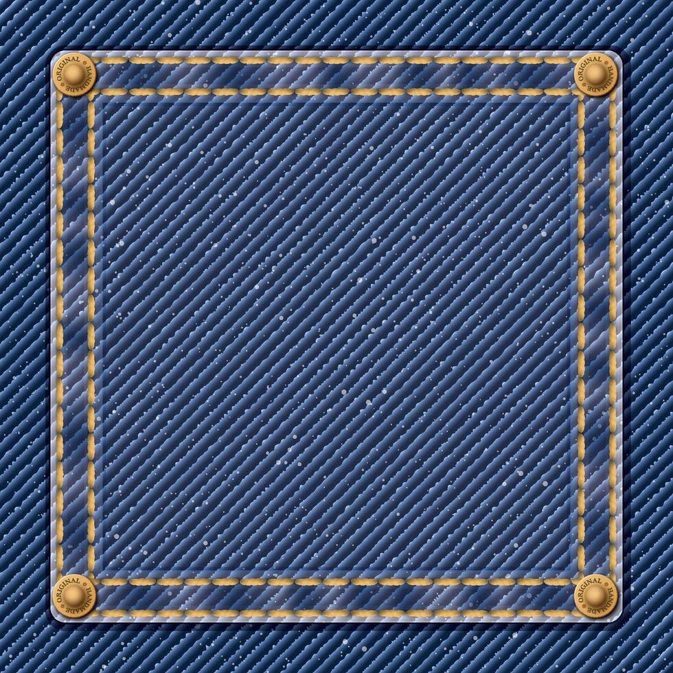 Denim blue jean textile pattern background with gold seams, crease and brass pins frame illustration. vector