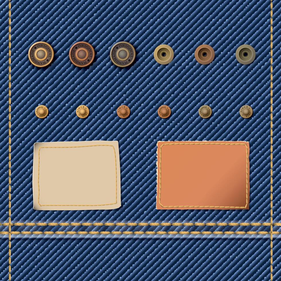 Denim blue jean textile pattern template with clothing accessory isolated elements and leather badge for decoration illustration. vector