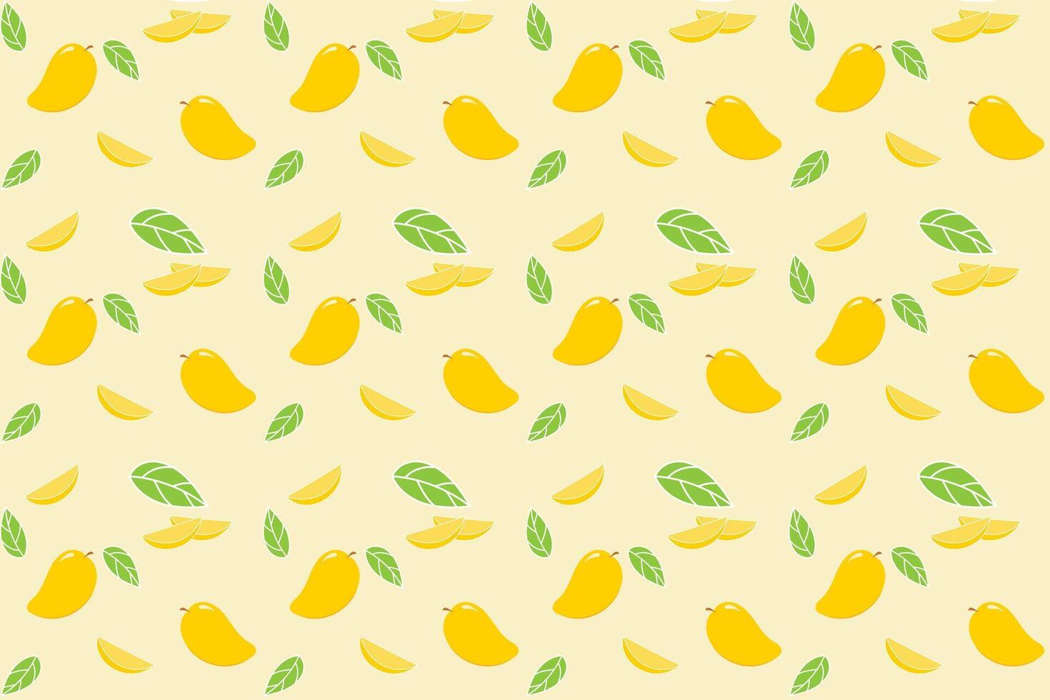 Illustration pattern of mango fruit and pieces on soft yellow background. vector