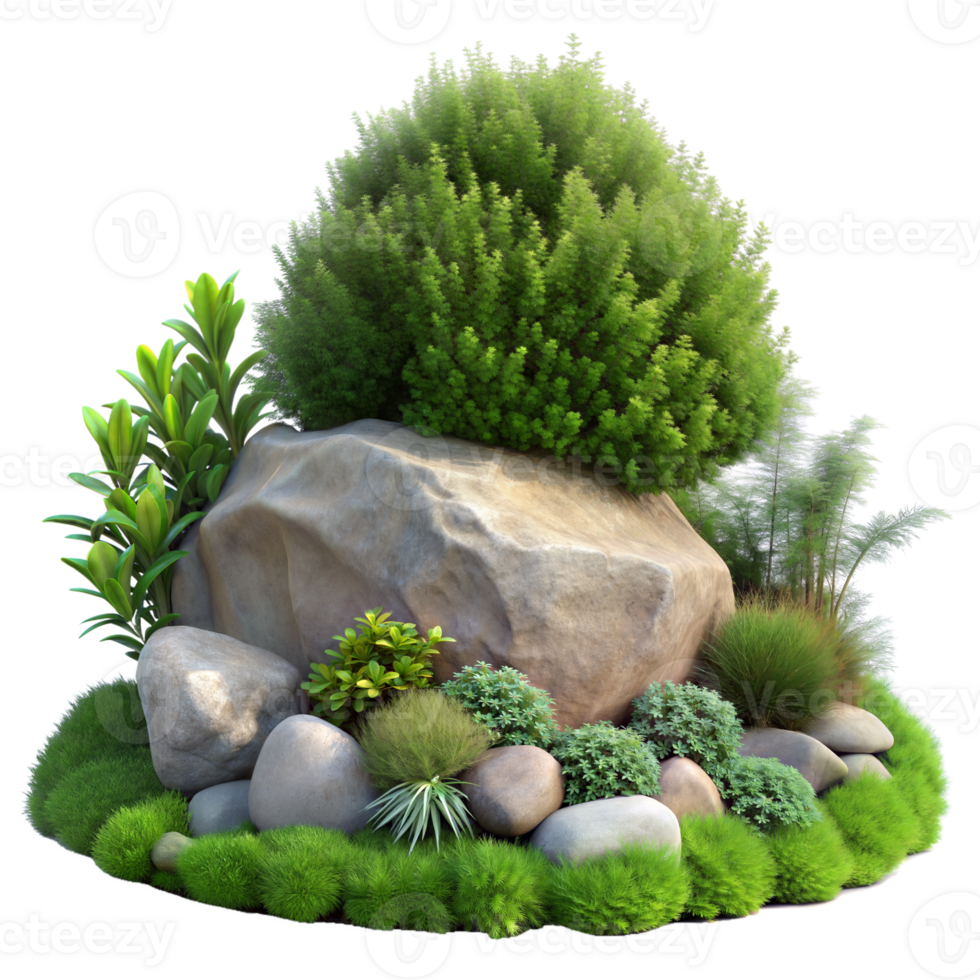 Lush green plants and rocks in a tranquil garden setting png