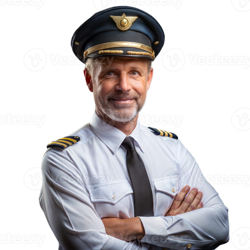 Confident senior pilot with arms crossed on transparent background png