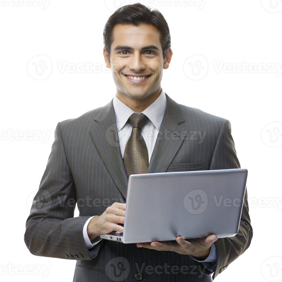 Smiling businessman with laptop standing on transparent background png