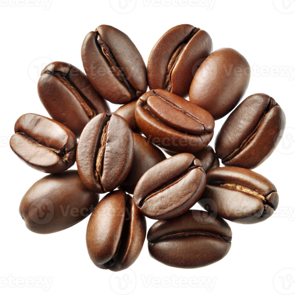 Close-up view of roasted coffee beans clustered together png