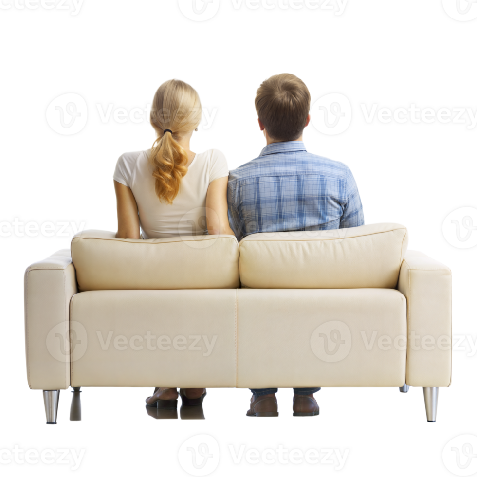 Couple sitting on beige sofa in a relaxed pose looking away png