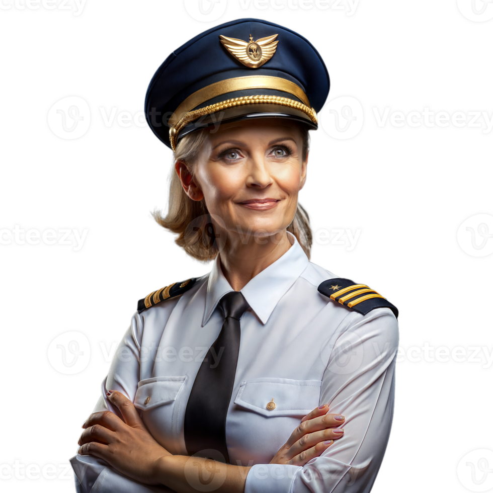 Confident female pilot in uniform with a bright smile png