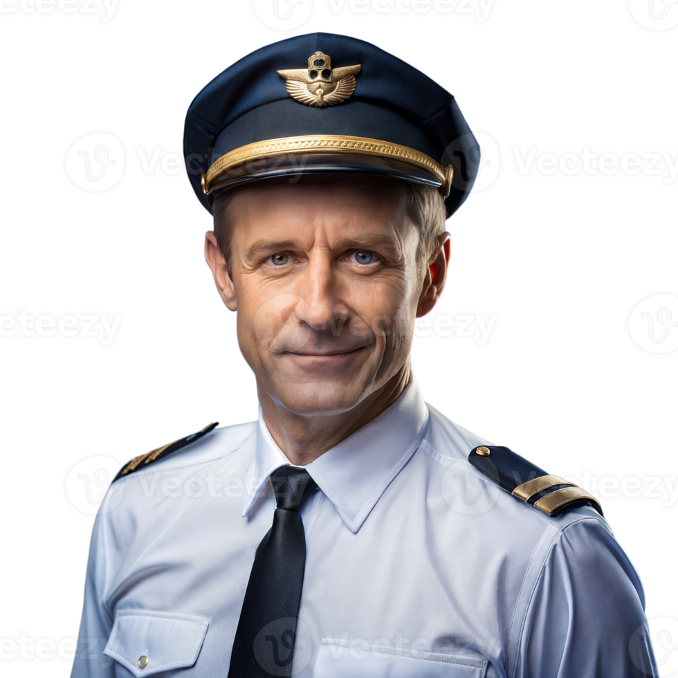 confidente aerolínea piloto en uniforme con un calentar sonrisa png