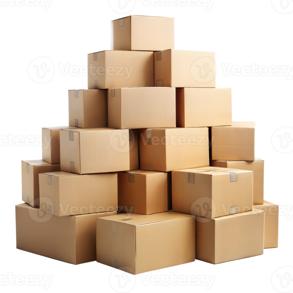 Large pile of cardboard boxes on a transparent background png