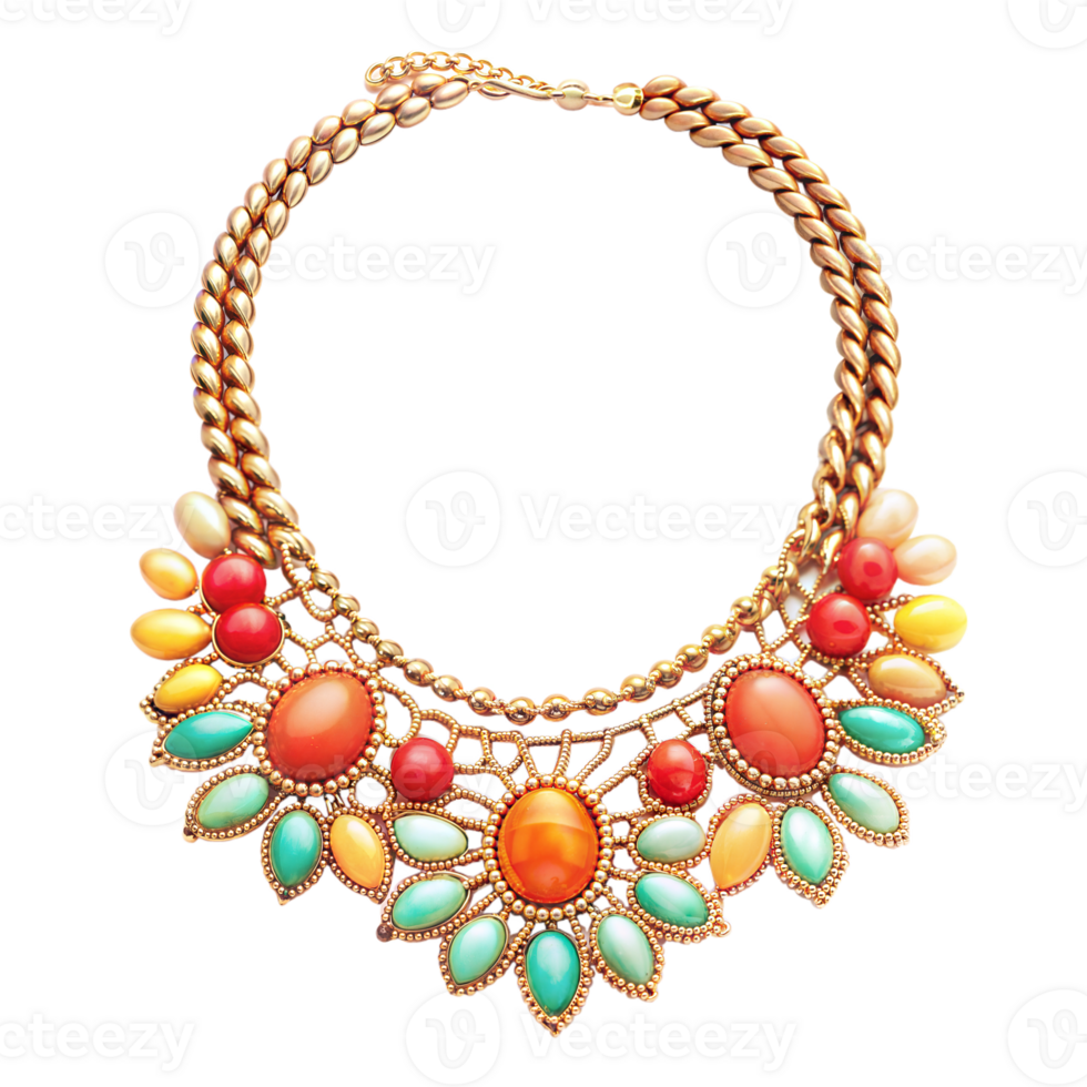 Colorful statement necklace with gemstones on transparent background png