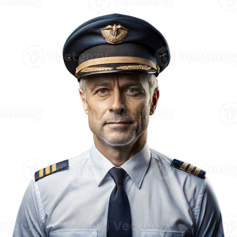 Confident senior pilot in uniform on a transparent background png