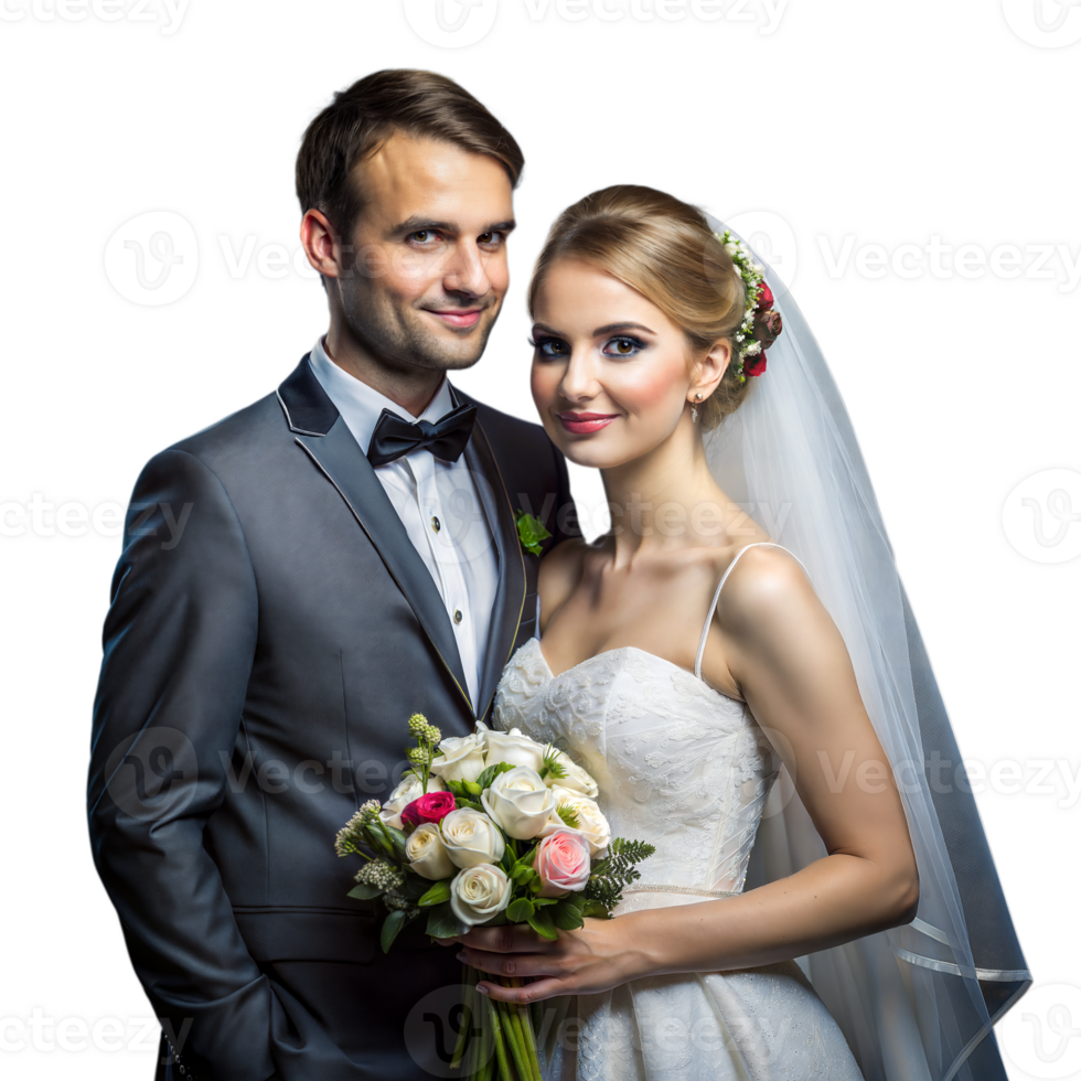 Elegant bride and groom posing together on their wedding day png