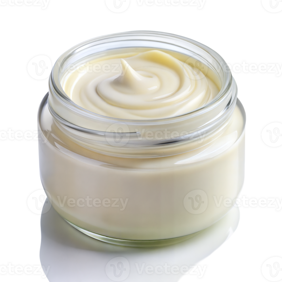 Luxurious cream in a clear glass jar on reflective surface png