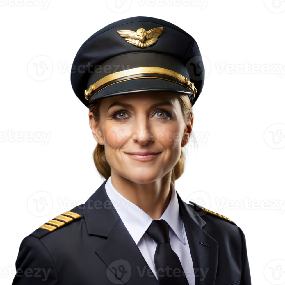 confidente hembra piloto en uniforme con un simpático sonrisa png