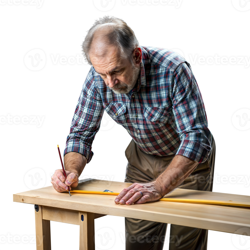 Senior man measuring wooden plank with precision and focus png