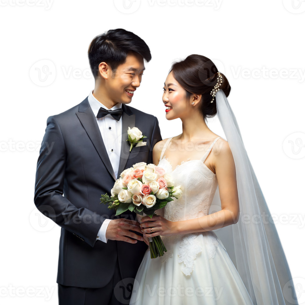 Elegant Asian couple in wedding attire on a clear background png