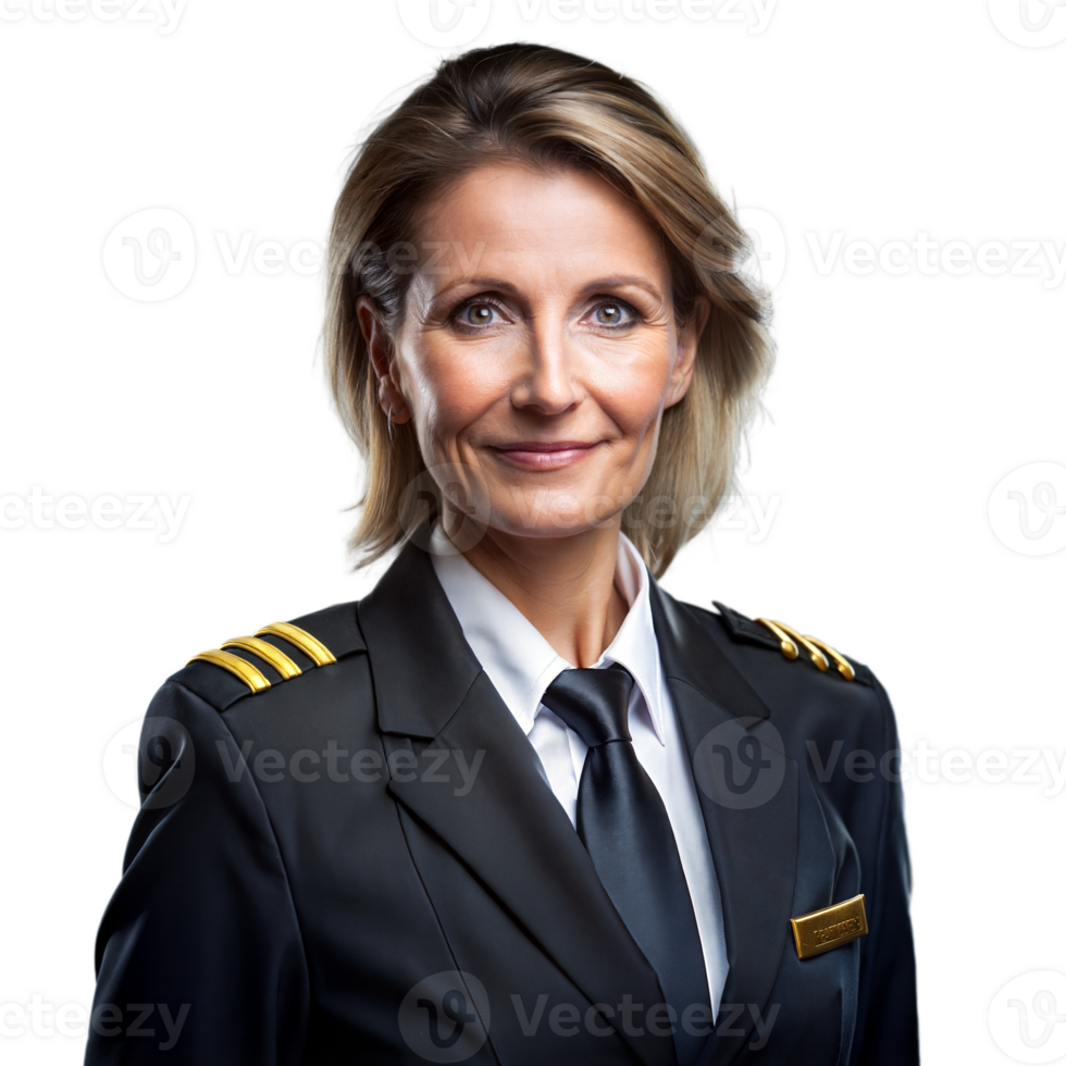 Confident female pilot in uniform with warm smile png