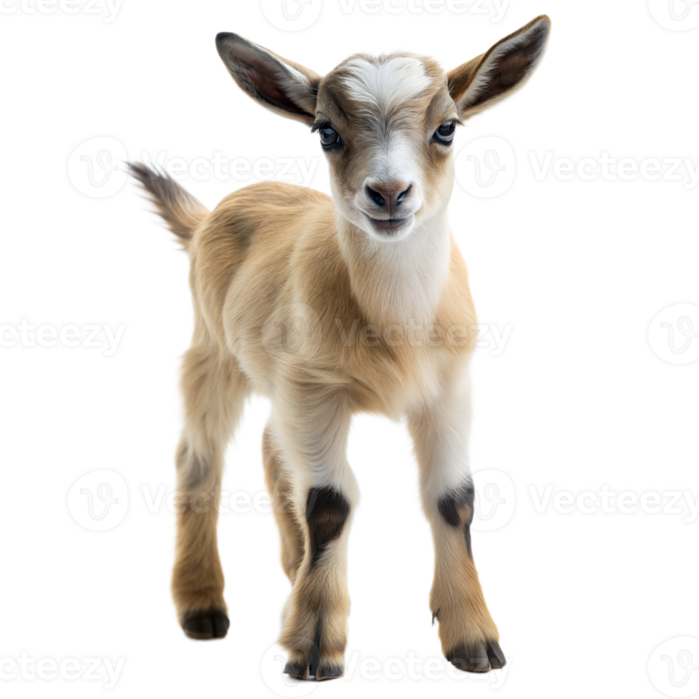 Adorable young goat stands curiously on a transparent background png