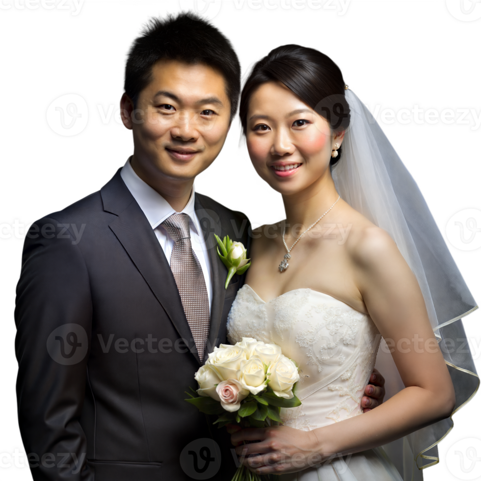 Elegant Asian couple in wedding attire with bouquet png