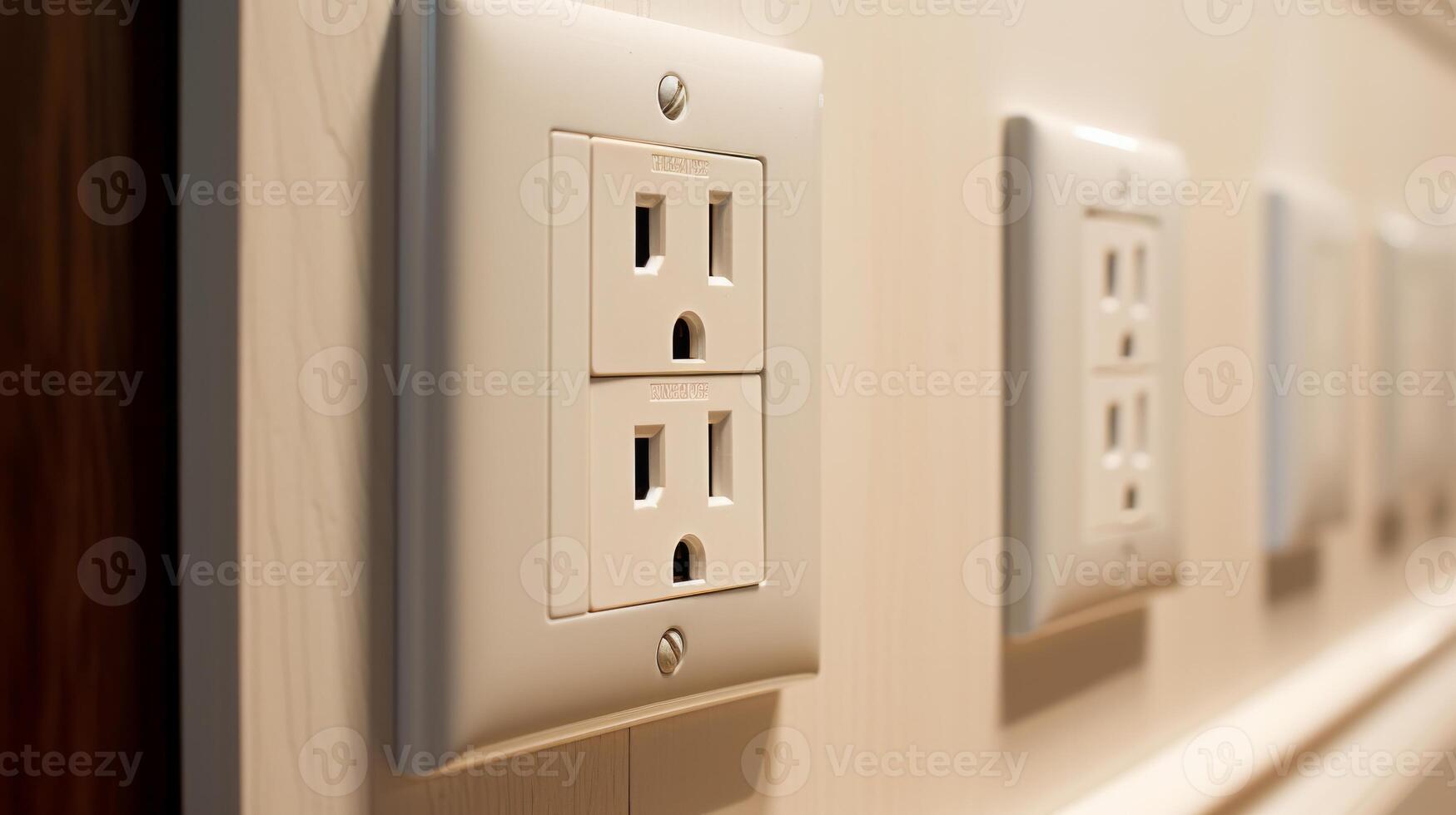 White wall mounted socket board with two electrical sockets and a switch. Neural network photo