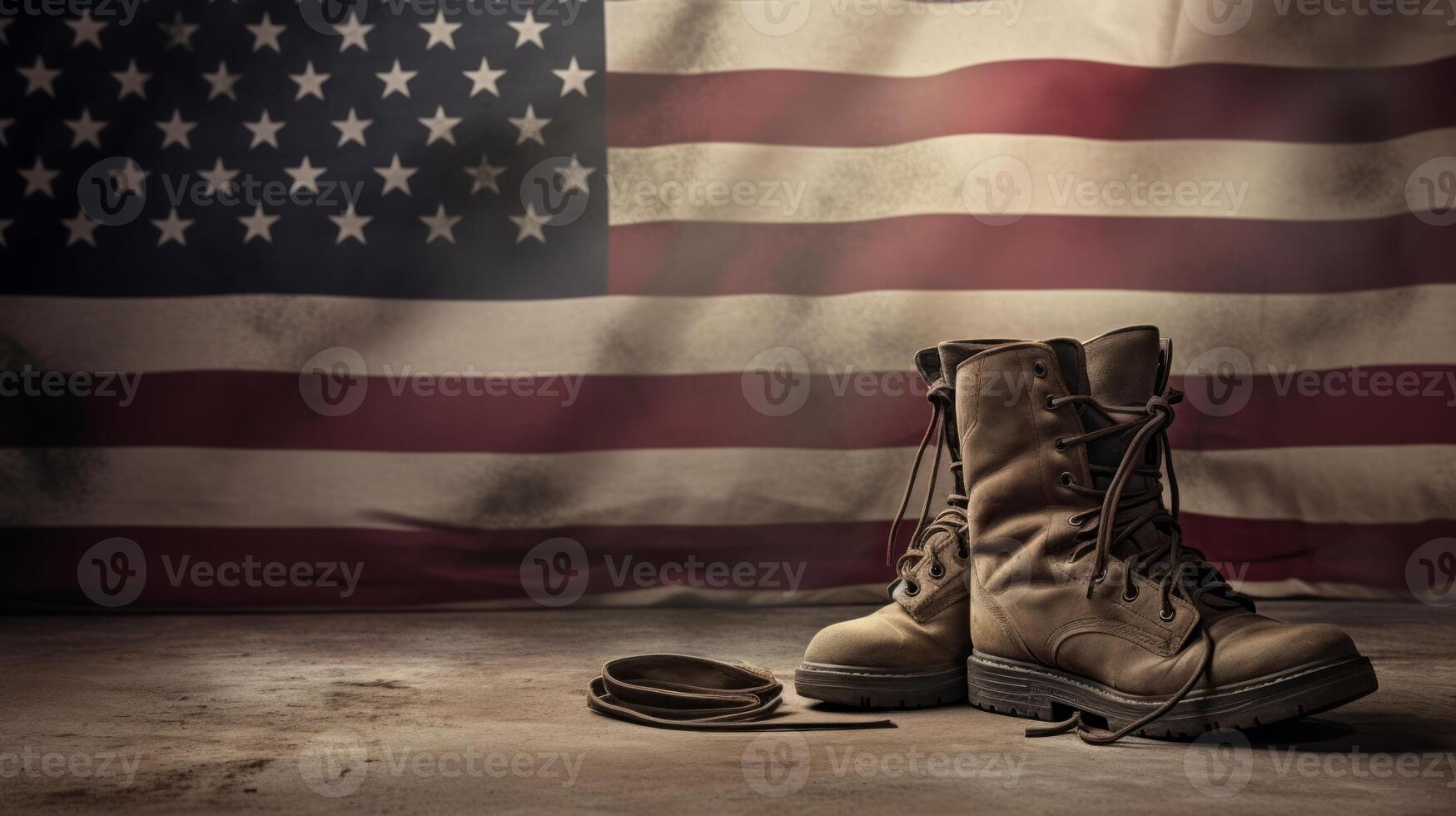 Old combat boots and dog tags with American flag. Neural network photo