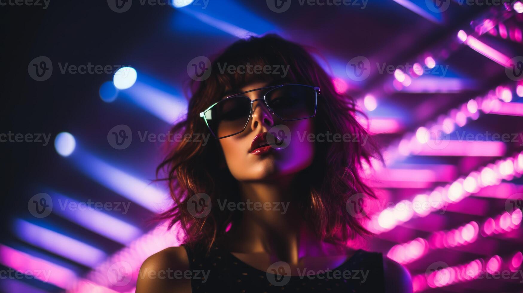 Teen hipster girl in stylish glasses standing on light background. Neural network photo