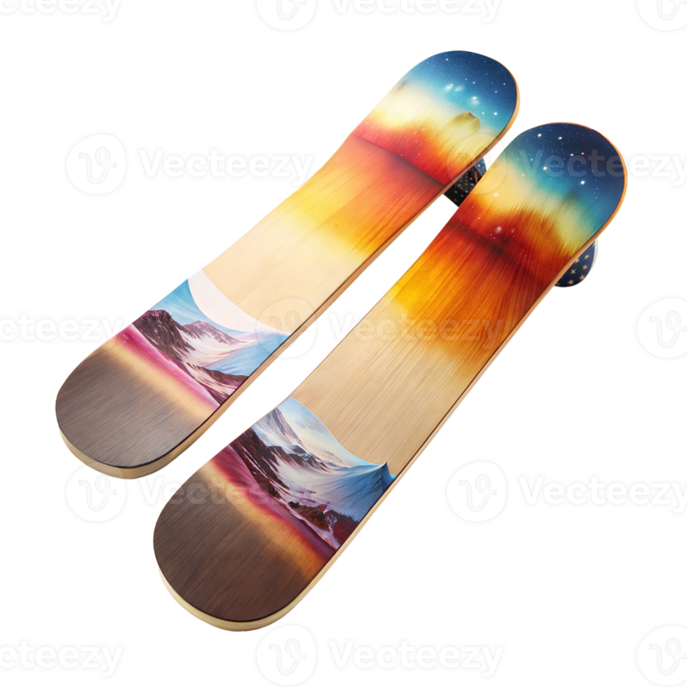 Colorful snowboards with vibrant mountain and sky graphics png