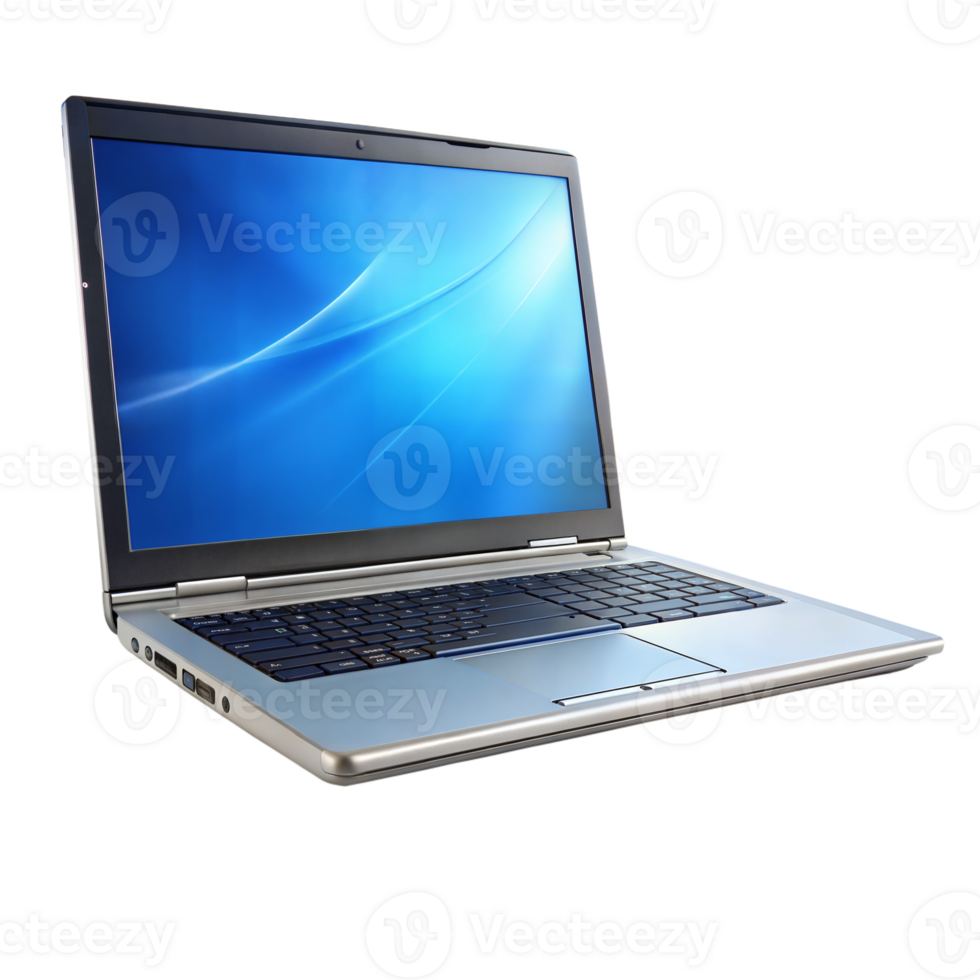a aberto computador portátil computador é colocada em topo do uma transparente superfície png