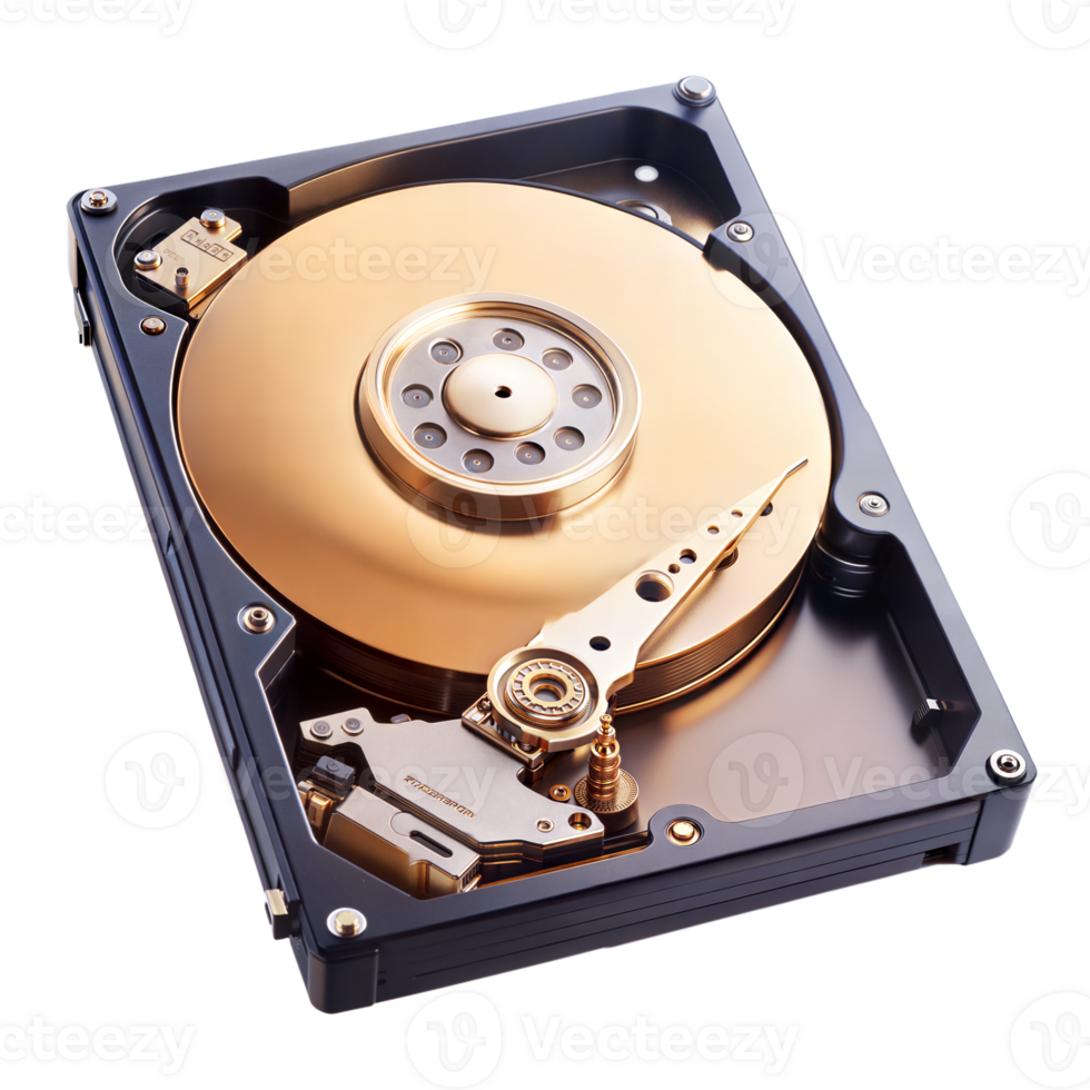 Detailed close-up of a hard drive on a plain transparent background png
