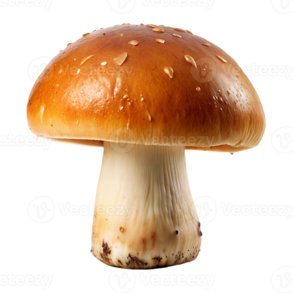 Close up of a single mushroom, showcasing its intricate details, on a plain transparent background png