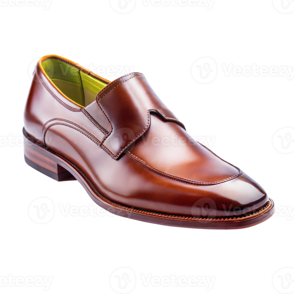 A brown shoe with a green sole against a transparent background png