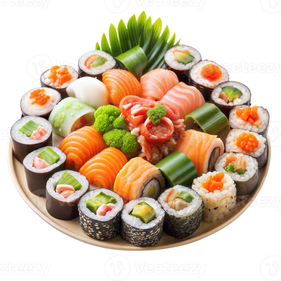 Assortment of fresh sushi and sashimi on a decorative plate png