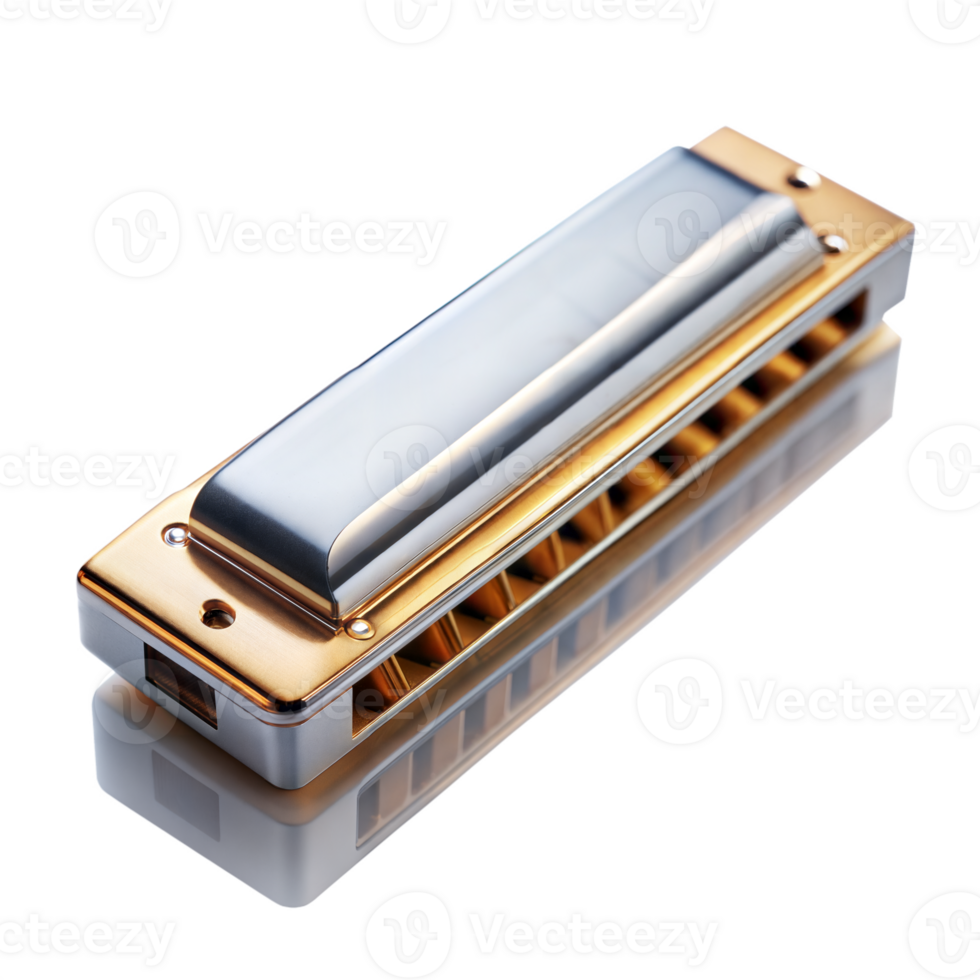 A harmonica rests on a plain white surface, showcasing its sleek design and classic musical instrument look png