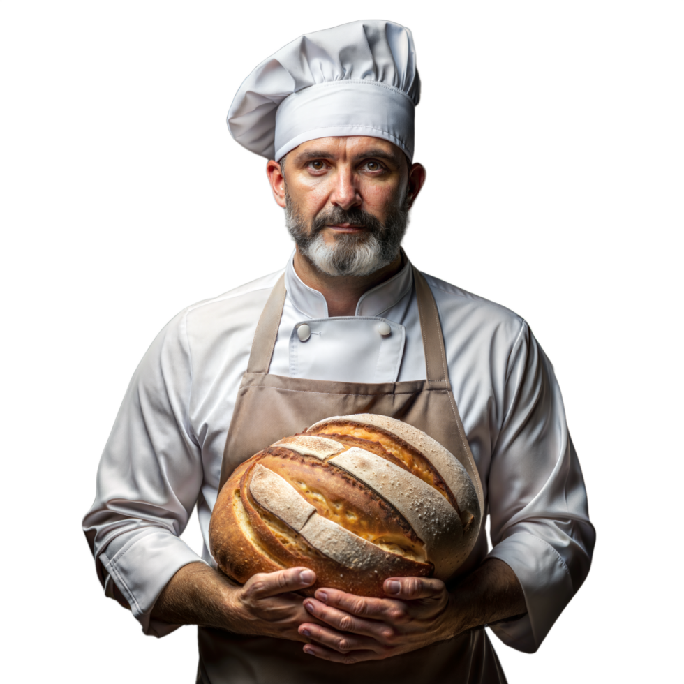 Professional chef holding a freshly baked loaf of bread png