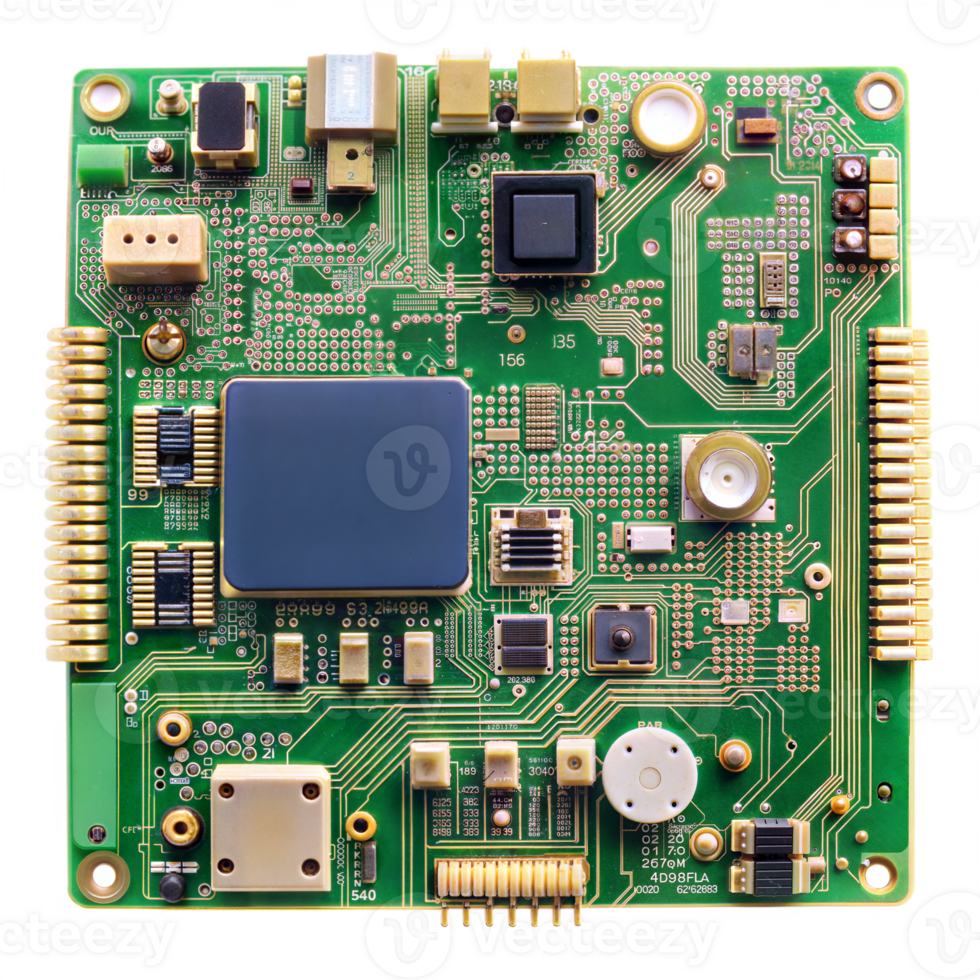 Detailed green circuit board with multiple components png