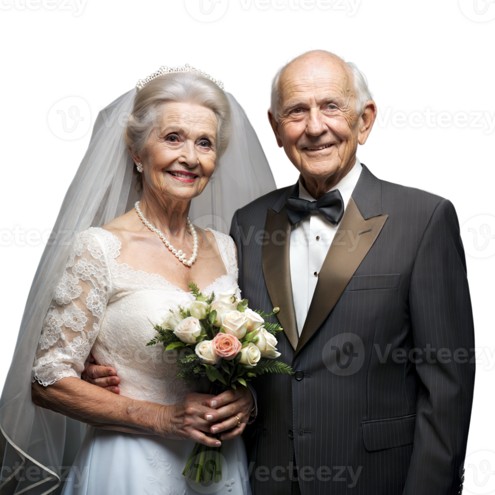 Elderly couple in elegant wedding attire with bouquet png