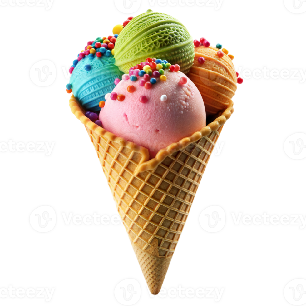 Colorful ice cream scoops in a waffle cone on a clear background png