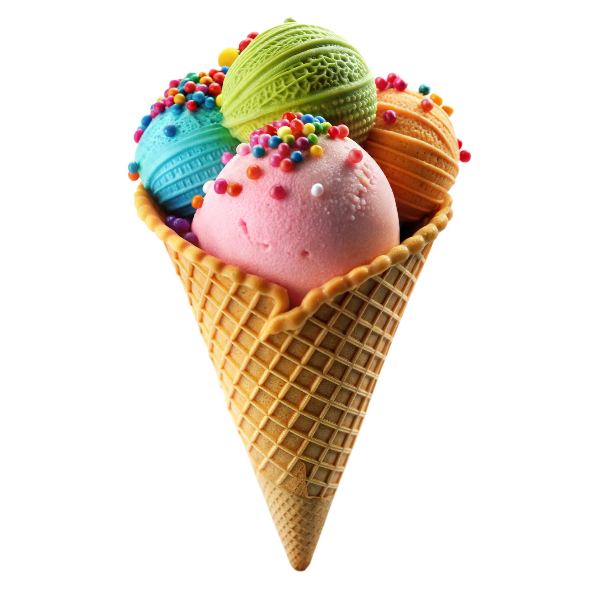 Colorful ice cream scoops in a waffle cone on a clear background