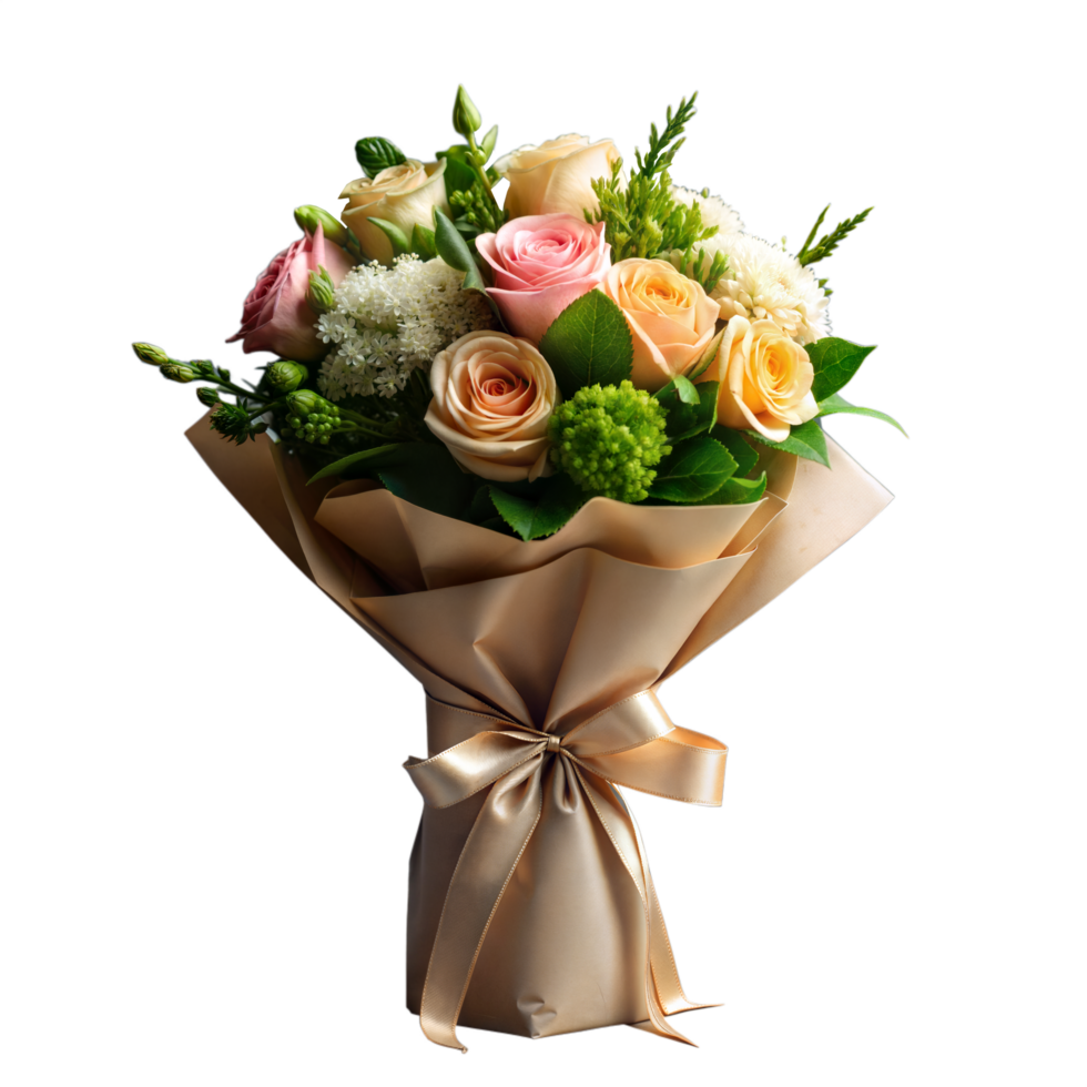 Elegant bouquet of mixed flowers wrapped in gold paper png