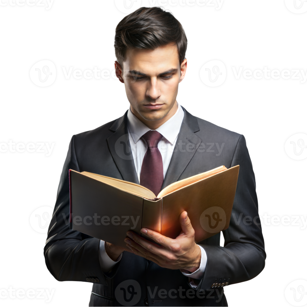 Professional man reading a book in a black suit and tie png