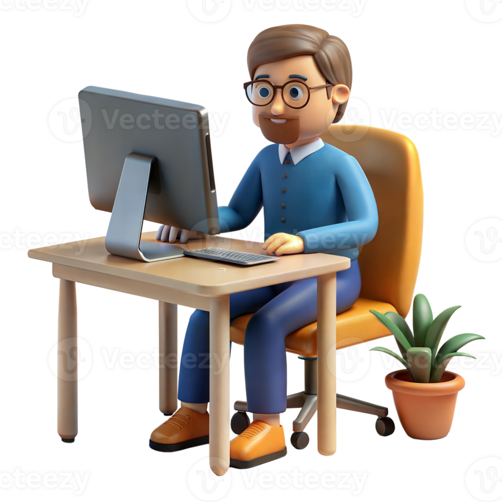 Professional man working on computer in office setup png