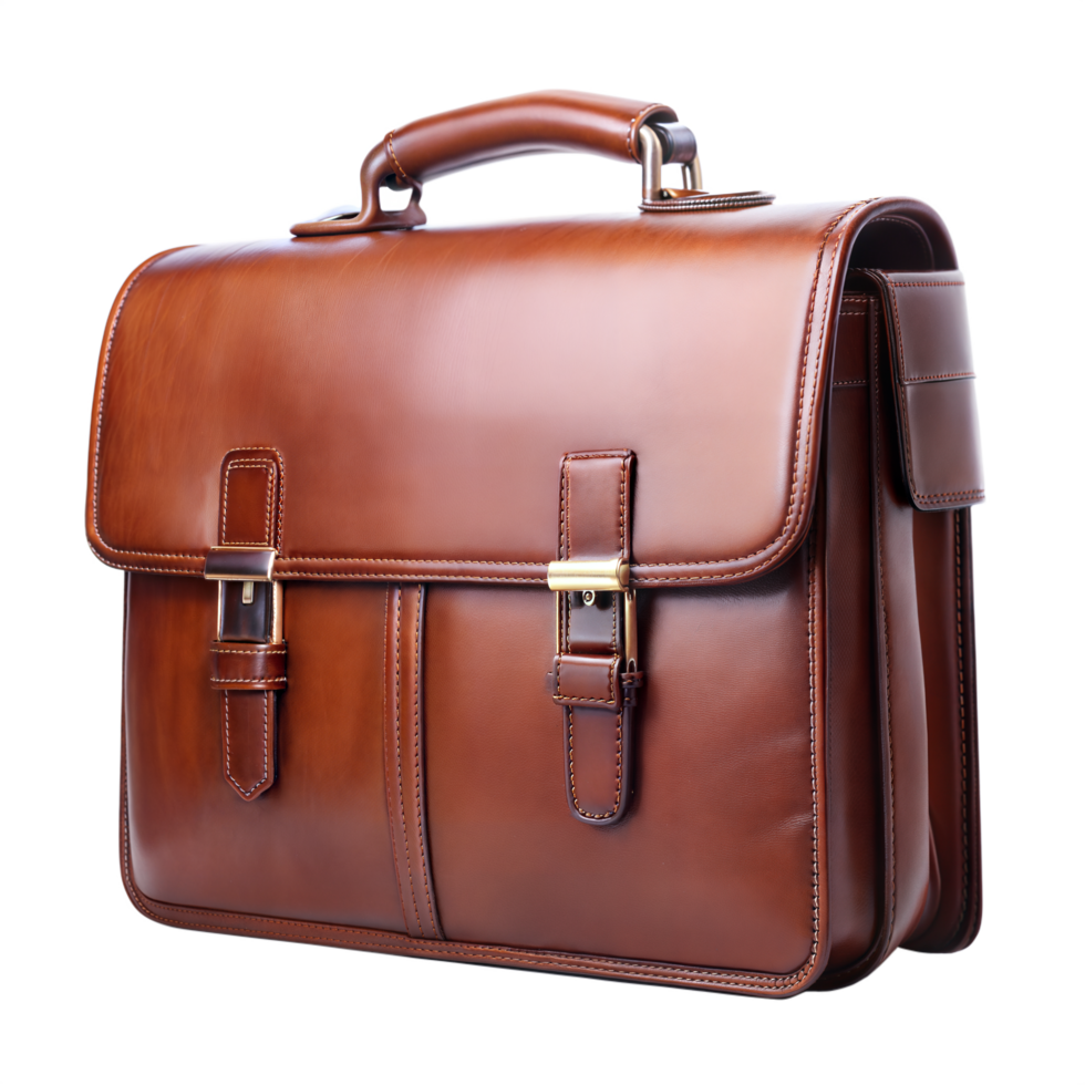 Elegant leather briefcase with gold buckles on isolated background png
