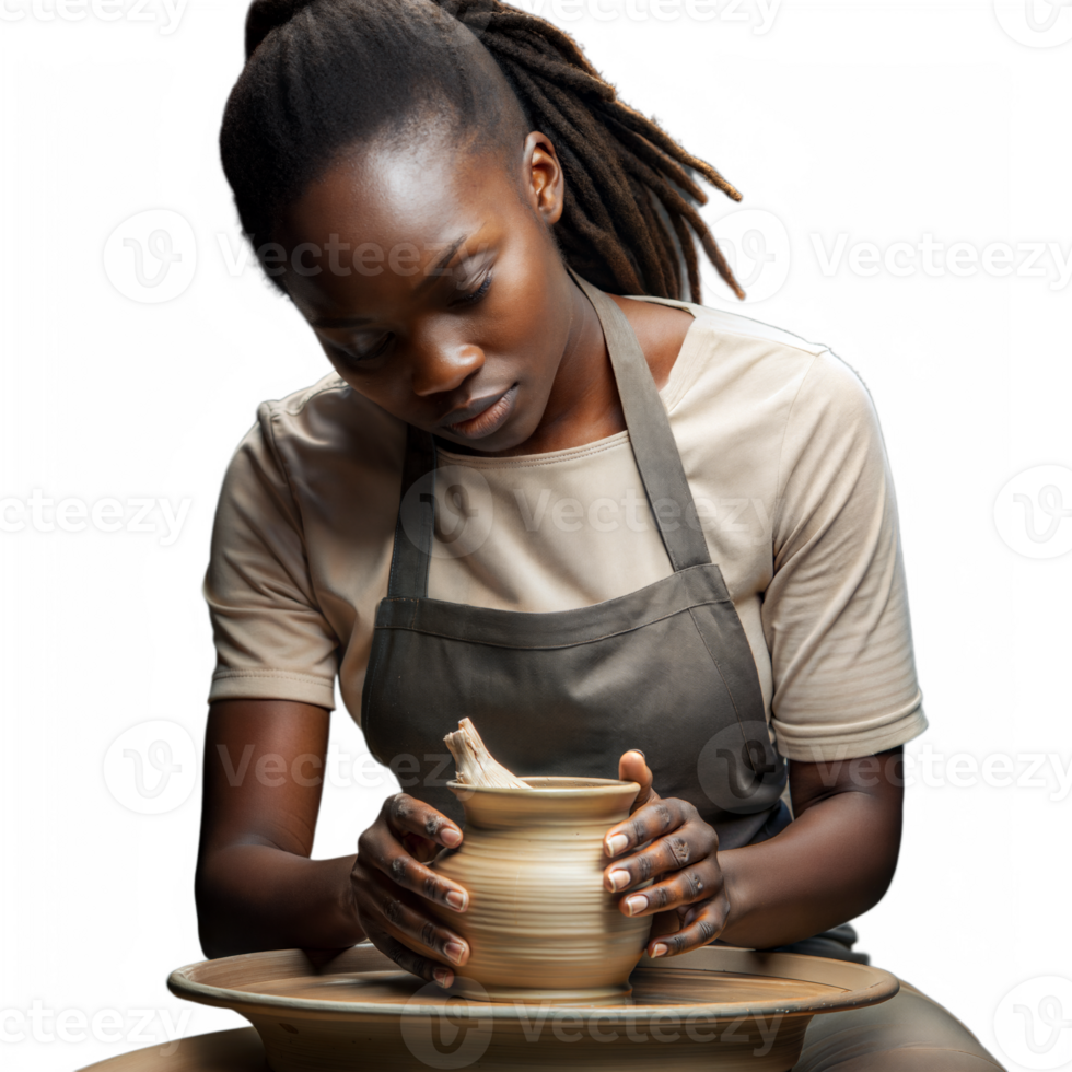 Focused potter shaping clay on a pottery wheel in a studio png